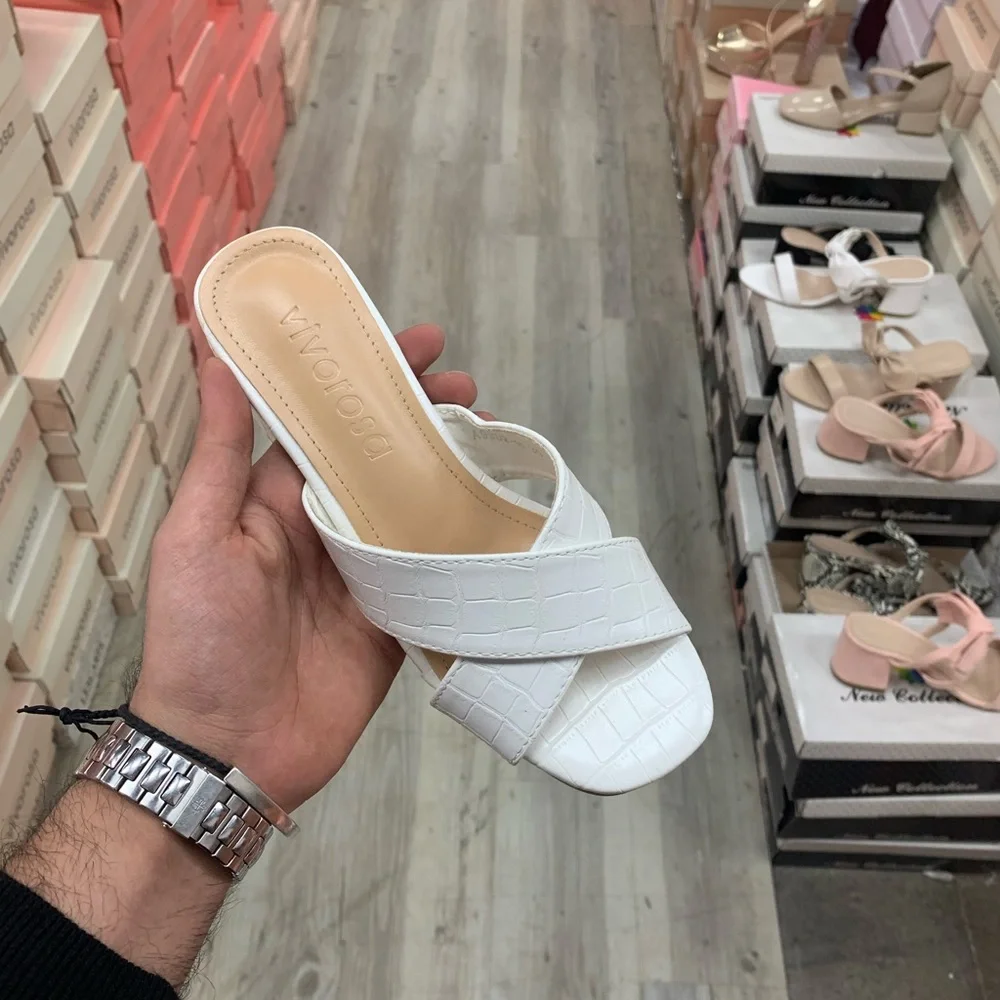 Square Toe Mule Low Block Heel Sandal in White Croc Embossed Faux Leather - Picture 6 of 6